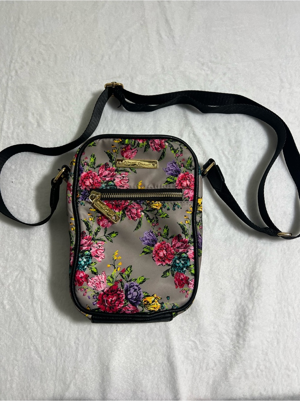 Betsy Johnson Floral Crossbody Bag in Gray with Pink & Purple Flowers